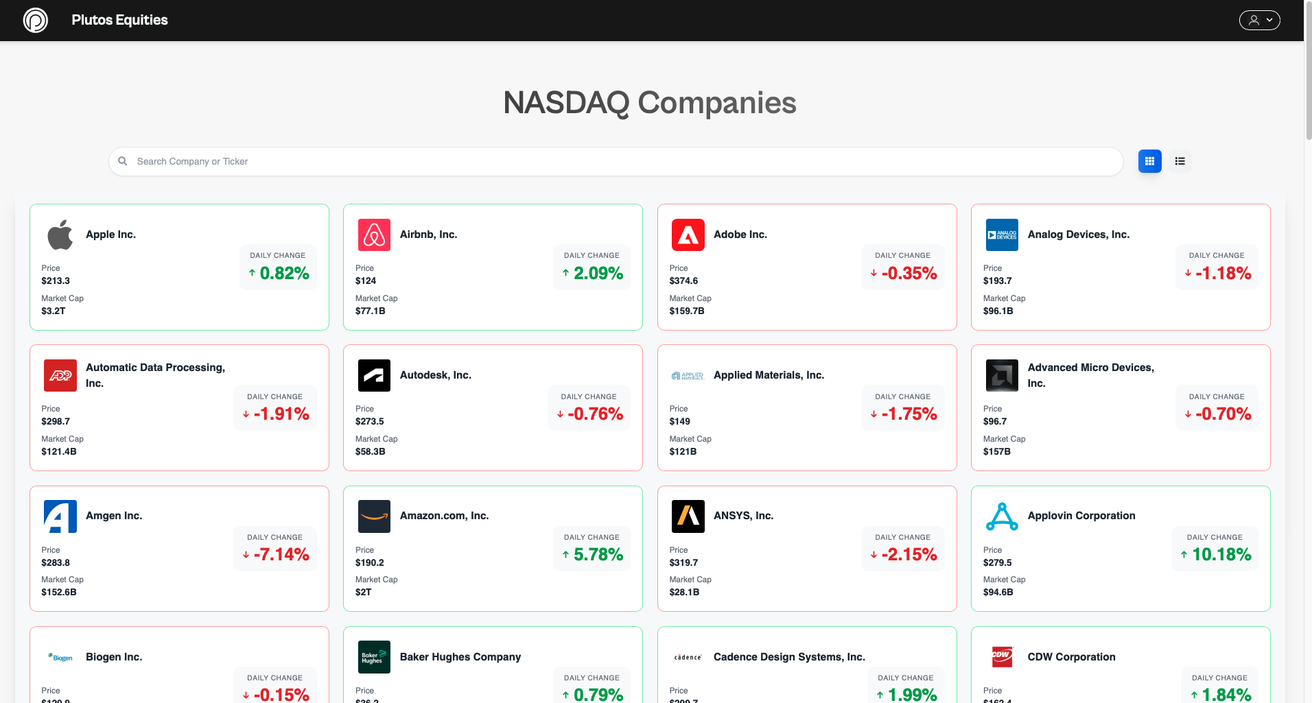 Main dashboard showing companies overview with searchable gallery